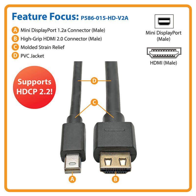 Eaton Tripp Lite Series Mini DisplayPort 1.2a zu HDMI Active Adapterkabel (Stecker/Stecker), 4K 60 Hz, HDCP 2.2, 15 ft.