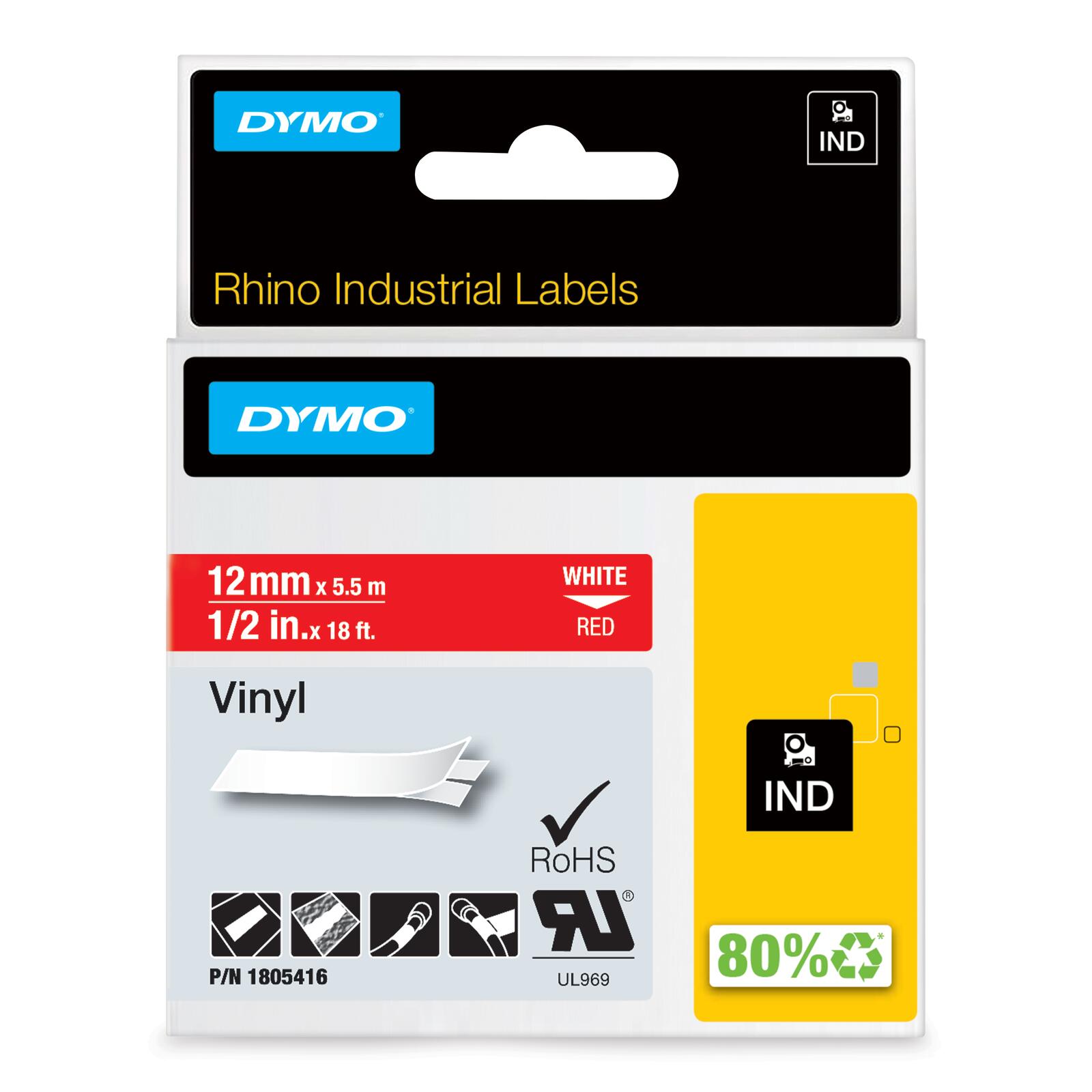 DYMO® Original IND-Schriftband für Rhino, farbiges Vinyl +N112:N119 - weiss auf rot