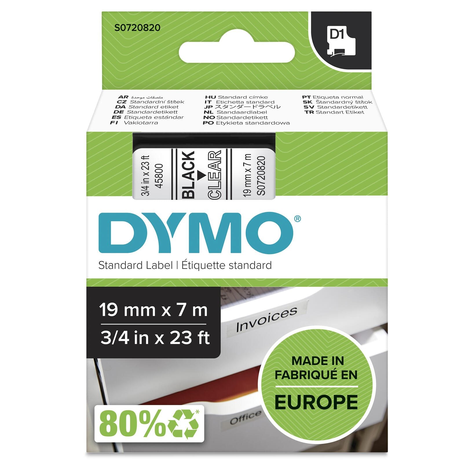 DYMO® Original D1-Schriftband für LabelManager™ 19mm x 7m - Polyester, wieder ablösbar - schwarz auf transparent
