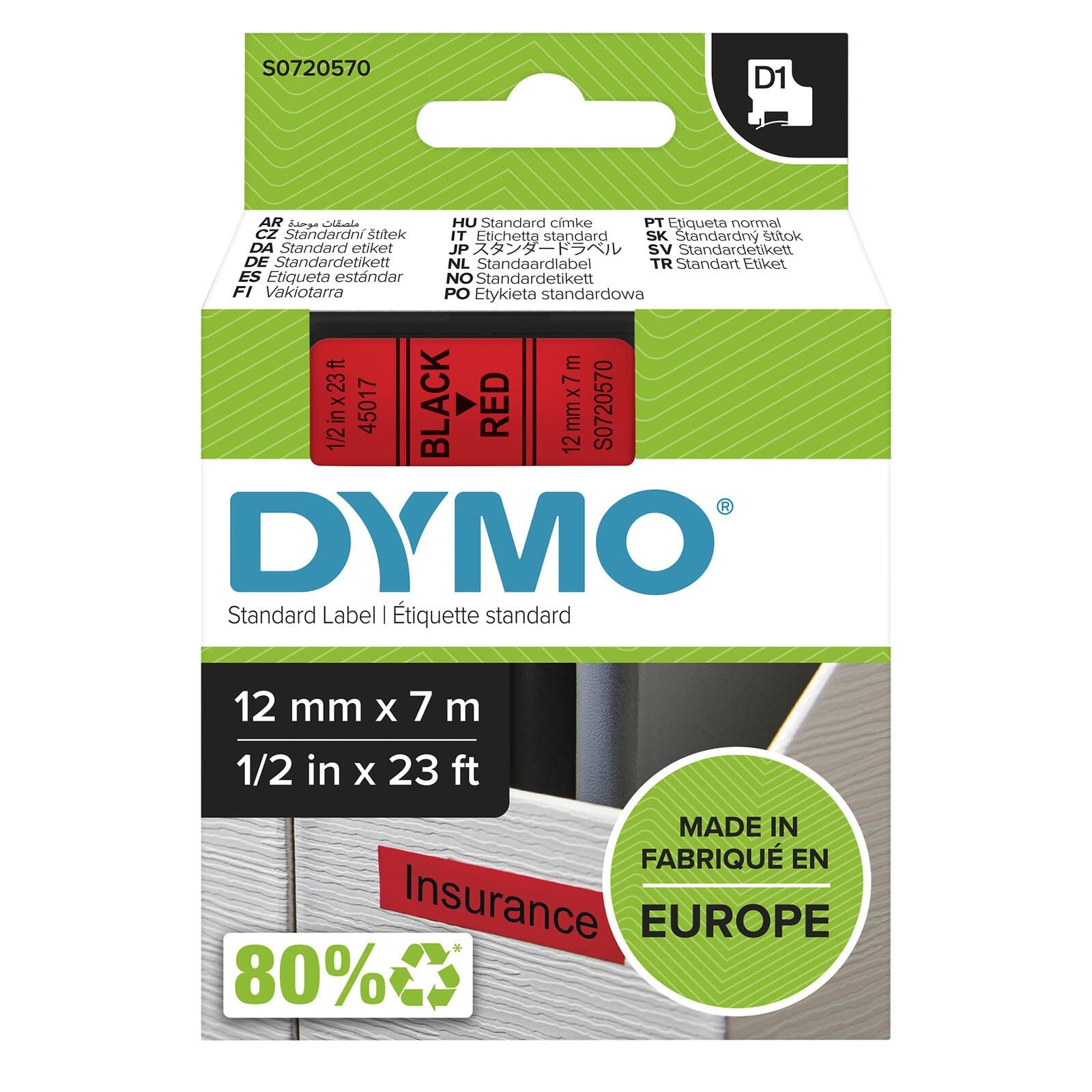 DYMO® Original D1-Schriftband für LabelManager™ 12mm x 7m - Polyester, wieder ablösbar - schwarz auf rot