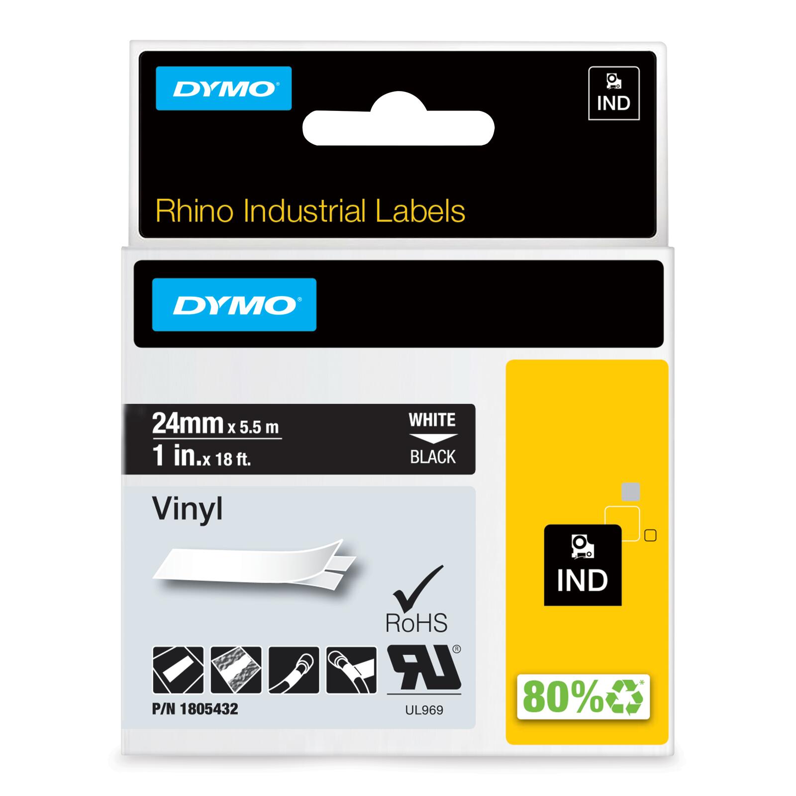 DYMO® Original IND-Schriftband für Rhino 6000+, farbiges Vinyl - weiss auf schwarz