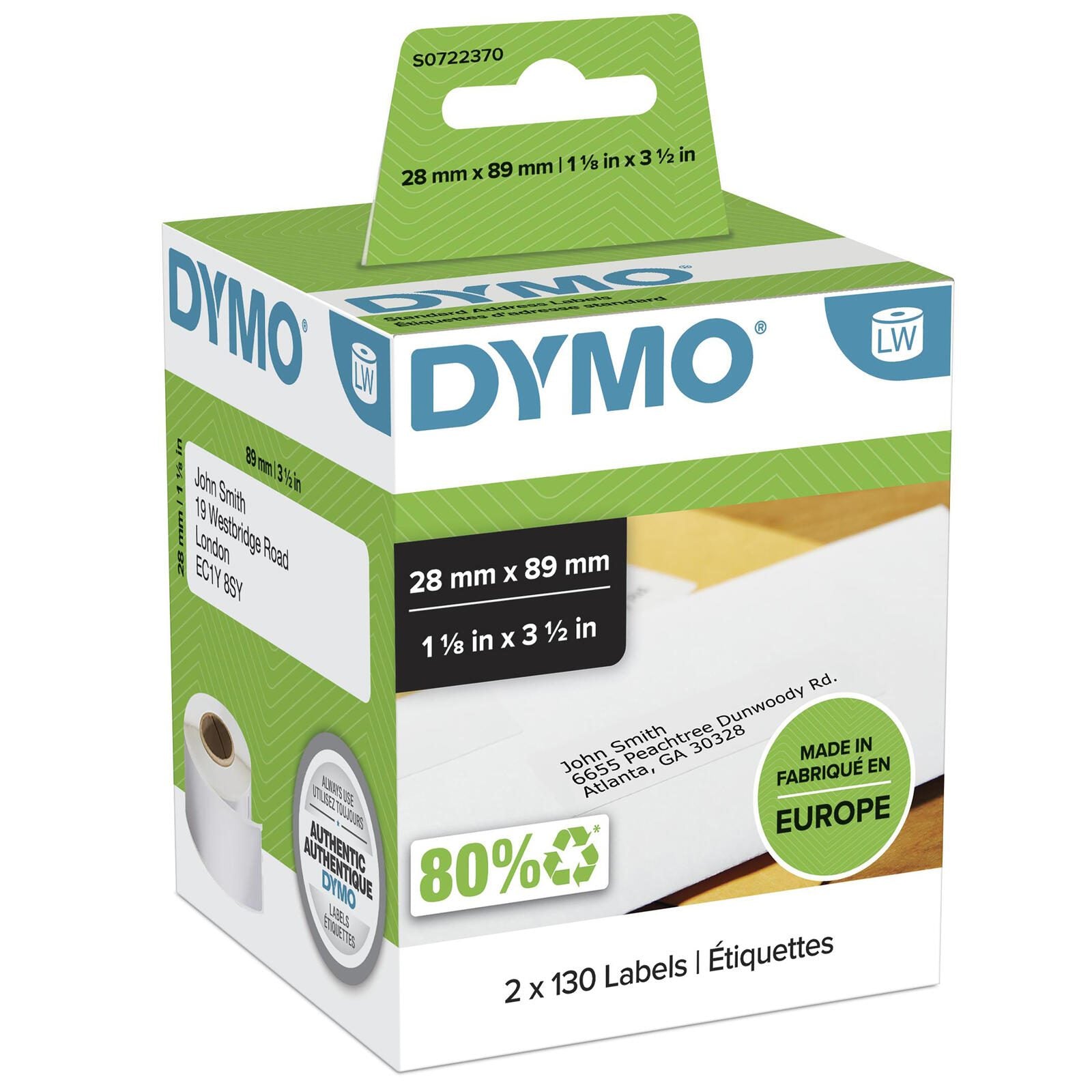 DYMO® Original Etikett für LabelWriter™, Adressen - weiss - permanent haftend, 2 x 130 Etiketten