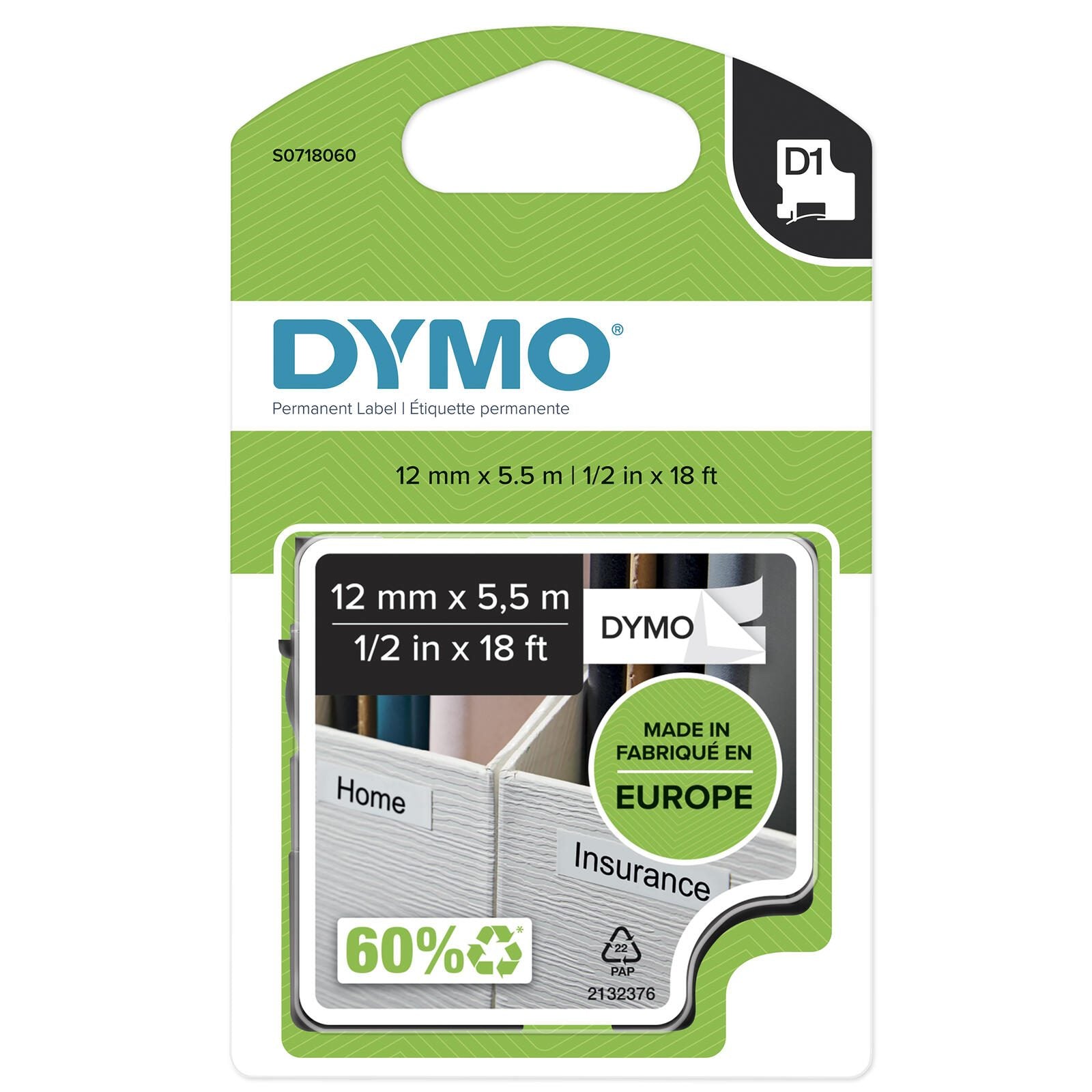 DYMO® Original D1-Schriftband 'Hochleistung' für LabelManager™ 12mm x 5,5m - Polyester, permanent haftend - schwarz auf