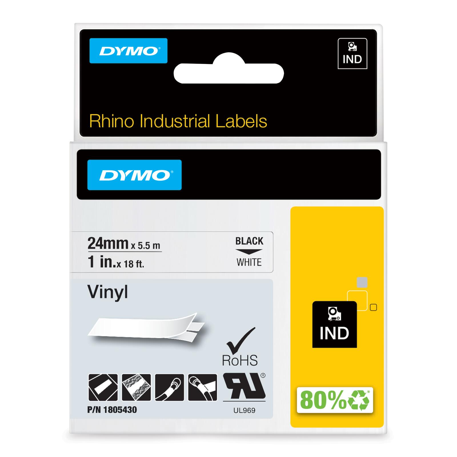 DYMO® Original IND-Schriftband für Rhino 6000+, farbiges Vinyl - schwarz auf weiss