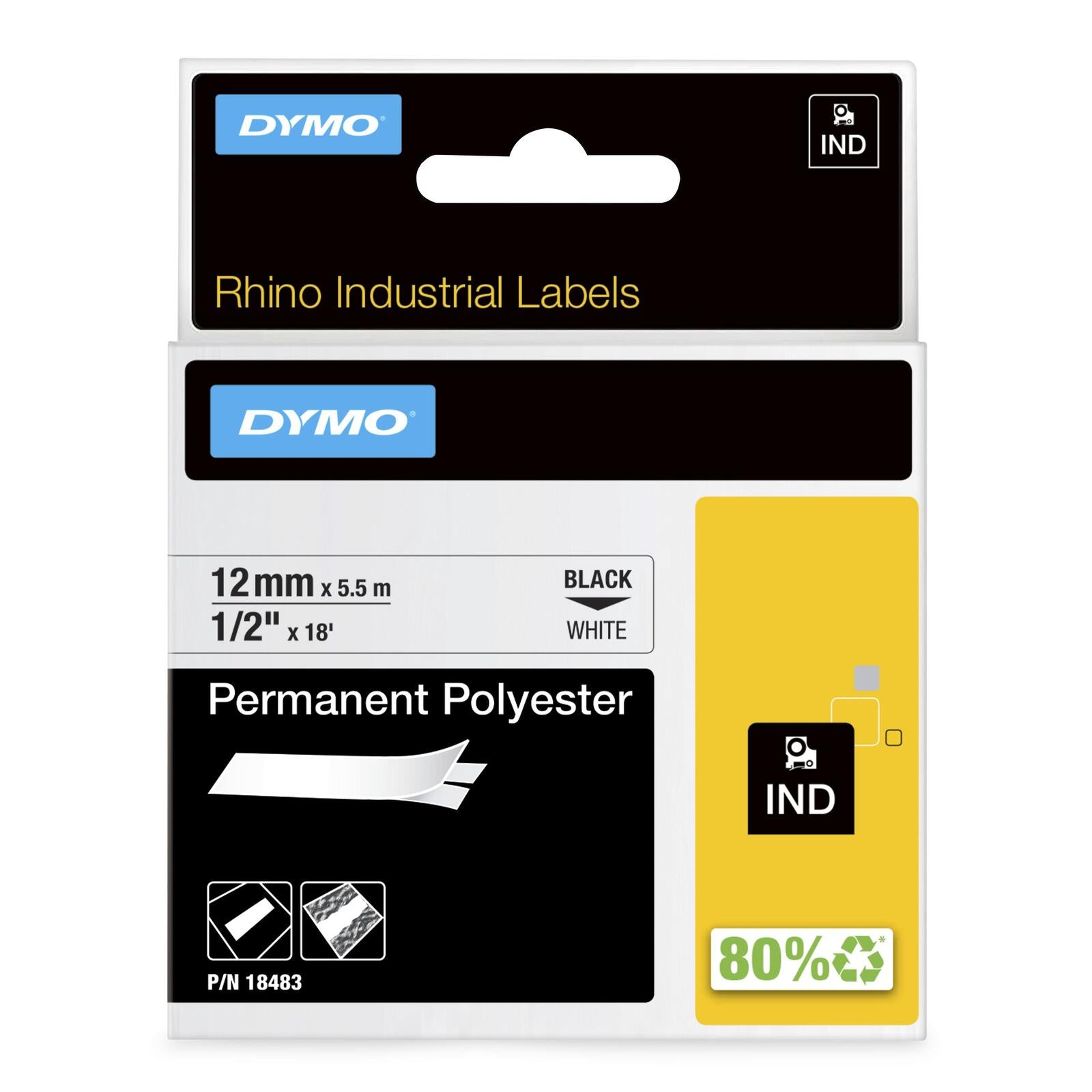 DYMO® Original IND-Schriftband für Rhino, Permanent Polyester - schwarz auf weiss