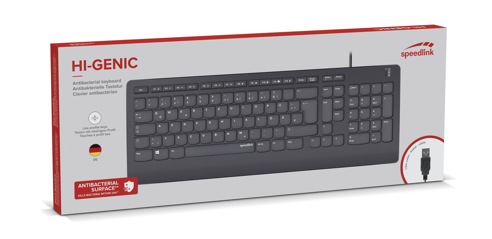 Speedlink HI-GENIC Antibacterial Tastatur, schwarz - DE Layout