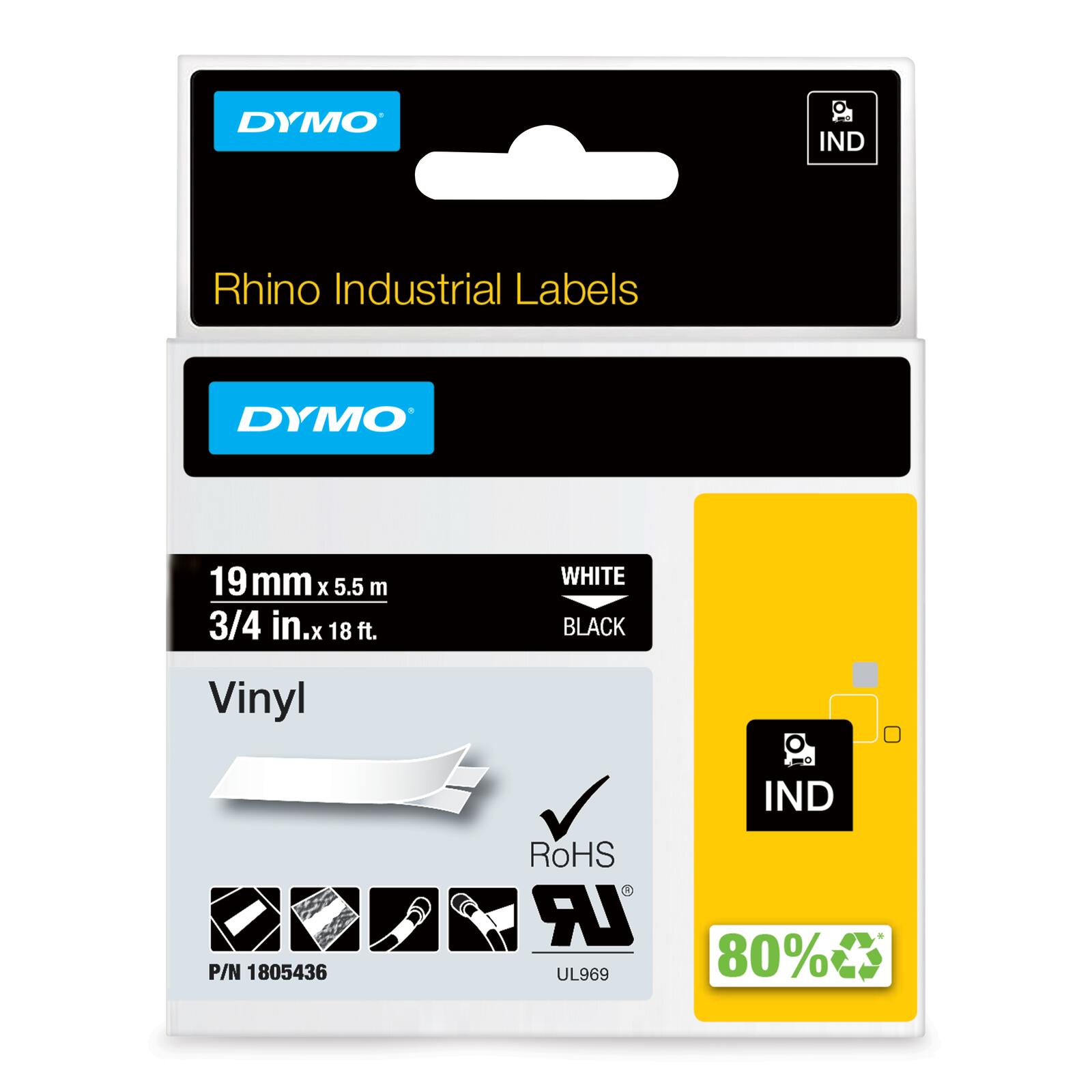 DYMO® Original IND-Schriftband für Rhino, farbiges Vinyl - weiss auf schwarz