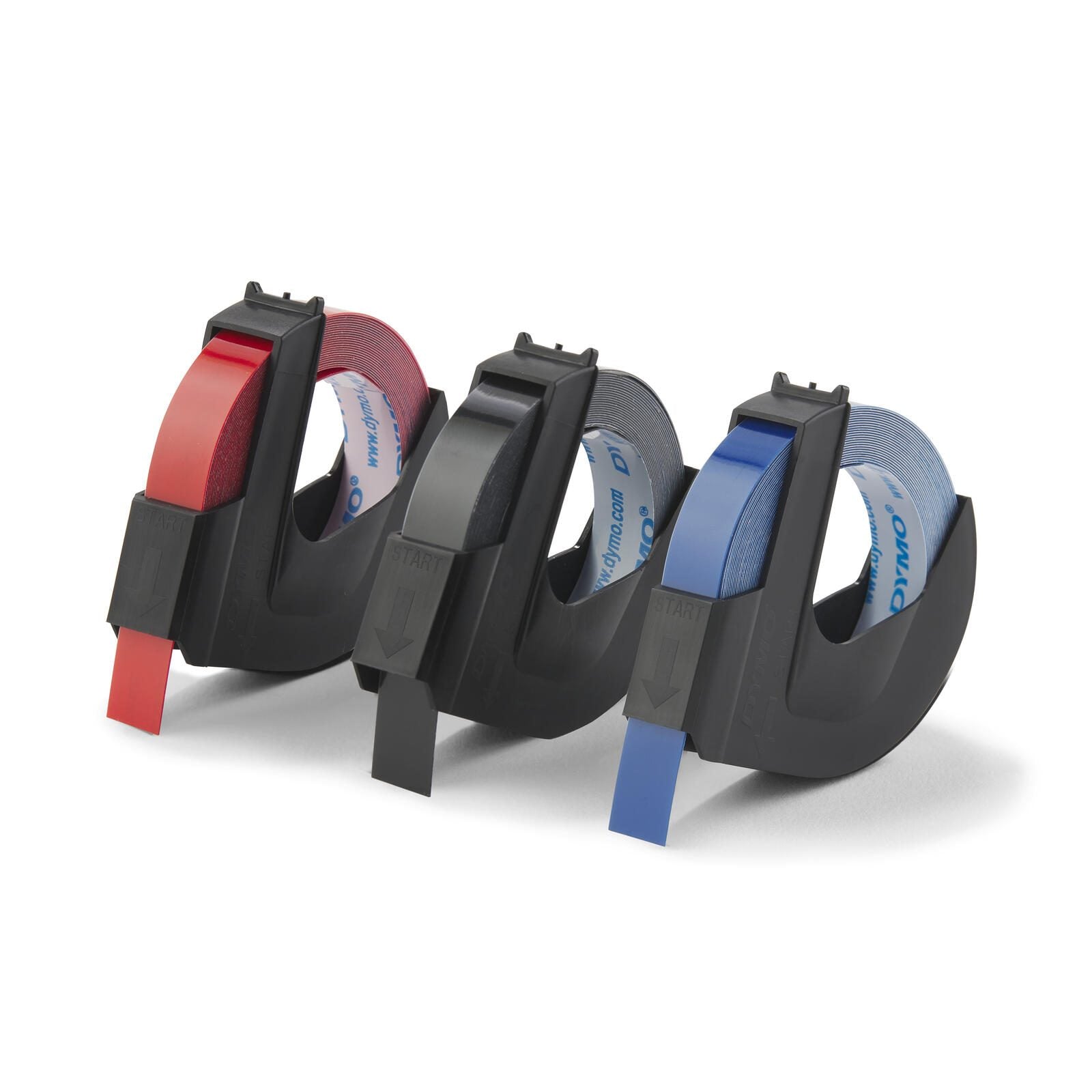 DYMO® Original Prägeband-StarterSet für OMEGA und JUNIOR, Plastik - je 1 x glänzend schwarz, rot, blau