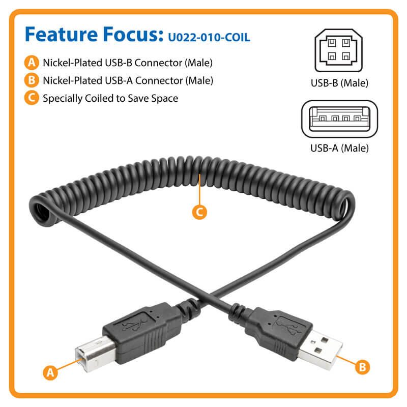 Eaton Tripp Lite Series USB 2.0 A/B Coiled Kabel (Stecker/Stecker), 10 ft. (3.05 m)