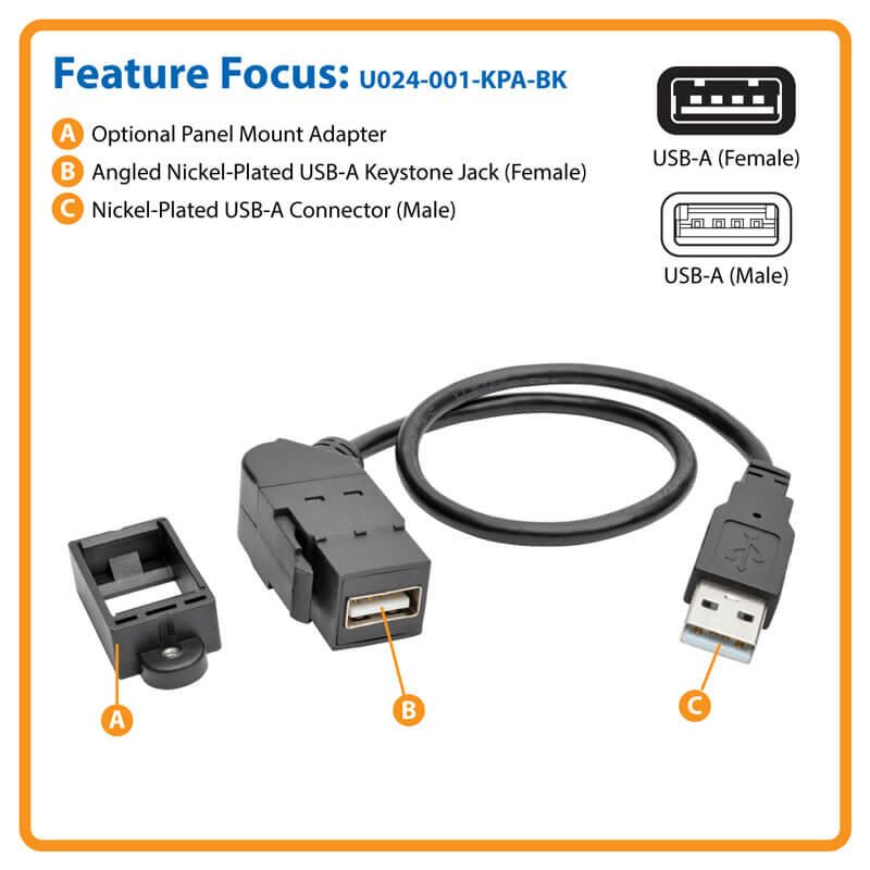 Eaton Tripp Lite Series USB 2.0 All-in-One Keyszune/Panel Mount Verlängerung Kabel (M/F), Angled Verbinder, 1 ft. (0.31