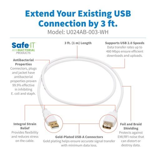 Eaton Tripp Lite Series Safe-IT USB 2.0 Antibacterial Verlängerung Kabel (A M/F), USB 2.0, Weiß, 3 ft. (0.91 m)