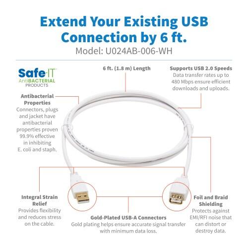 Eaton Tripp Lite Series Safe-IT USB-A Antibacterial Verlängerung Kabel (M/F), USB 2.0, Weiß, 6 ft. (1.83 m)
