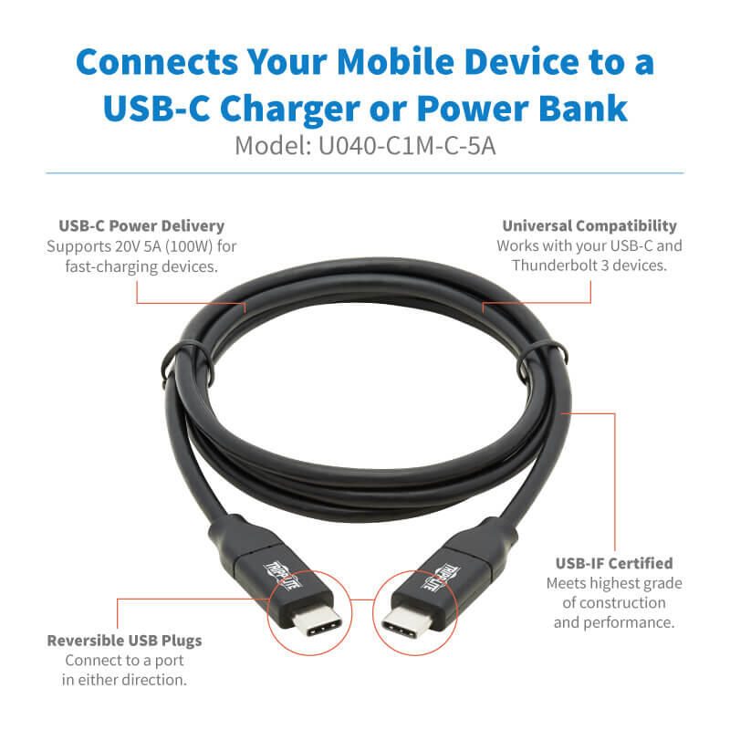 Eaton Tripp Lite Series USB-C Kabel (Stecker/Stecker) - USB 2.0, 5A Rated, USB-IF Certified, Thunderbolt 3, 1M (3.3 ft)