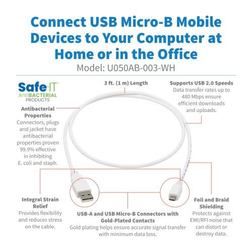Eaton Tripp Lite Series Safe-IT USB-A zu USB Micro-B Antibacterial Kabel (Stecker/Stecker), USB 2.0, Weiß, 3-ft. (0.91 m