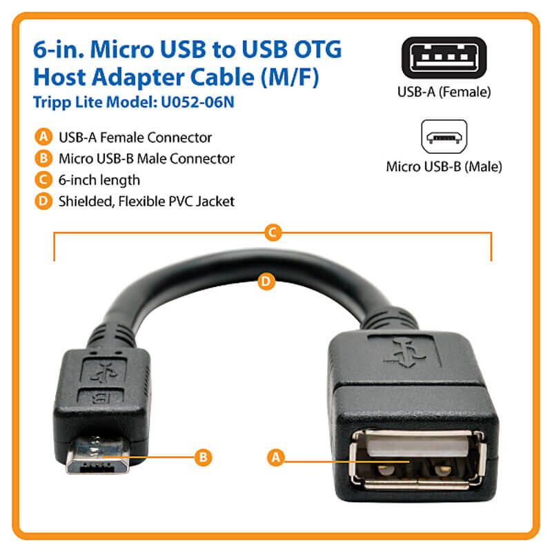 Eaton Tripp Lite Series Micro USB zu USB OTG Host Adapterkabel, 5-Pin Micro USB B zu USB A M/F, 6-in. (15.24 cm)