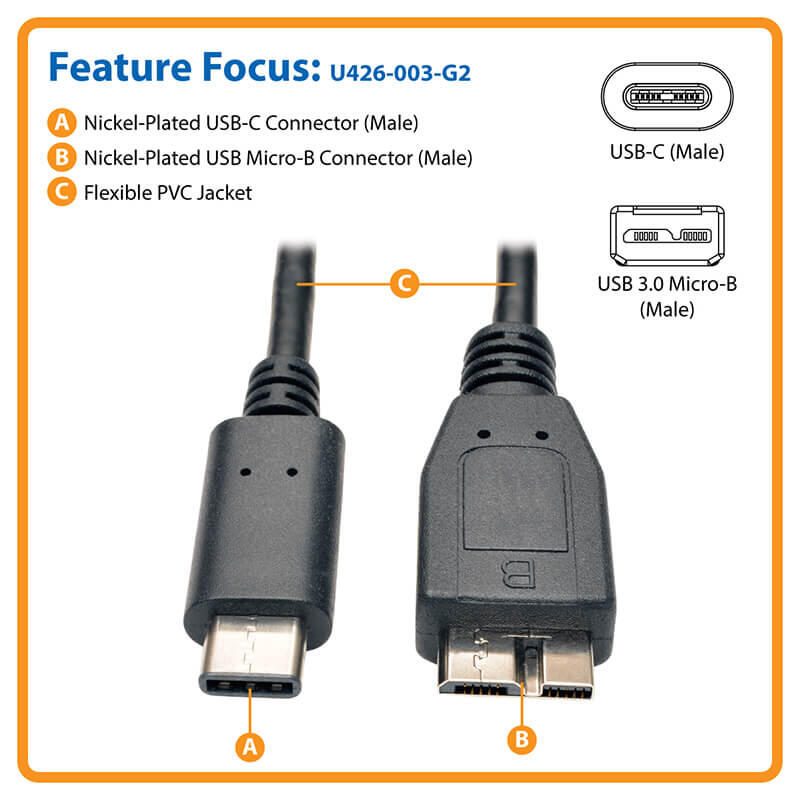 Eaton Tripp Lite Series USB-C zu USB Micro-B Kabel (Stecker/Stecker) - USB 3.1, Gen 2 (10 Gbps), Thunderbolt 3 Compatibl