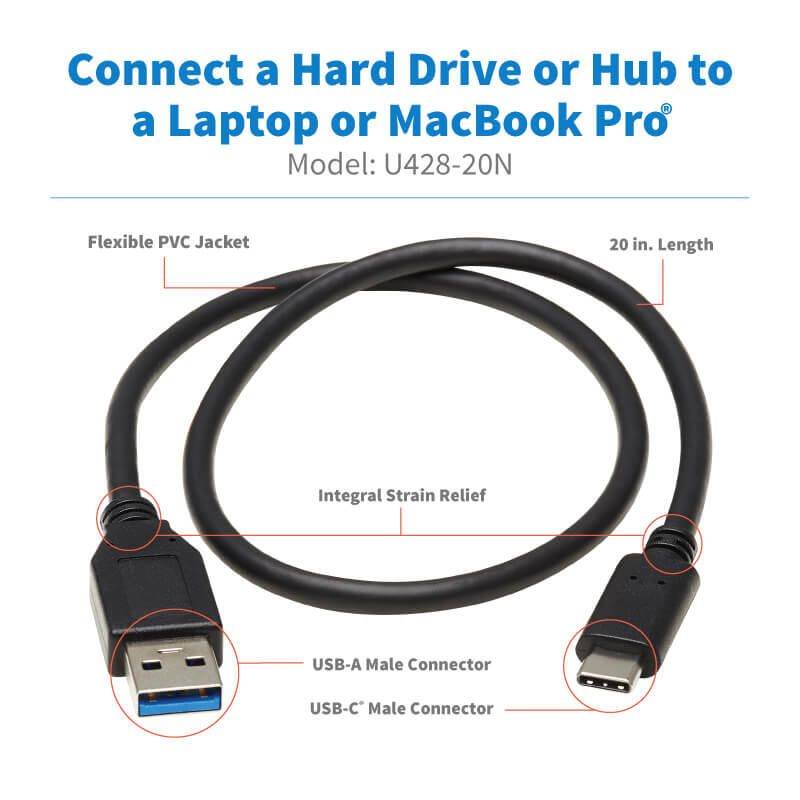 Eaton Tripp Lite Series USB-C zu USB-A Kabel (Stecker/Stecker), USB 3.1 Gen 1 (5 Gbps), Thunderbolt 3 Compatible, 20-in.