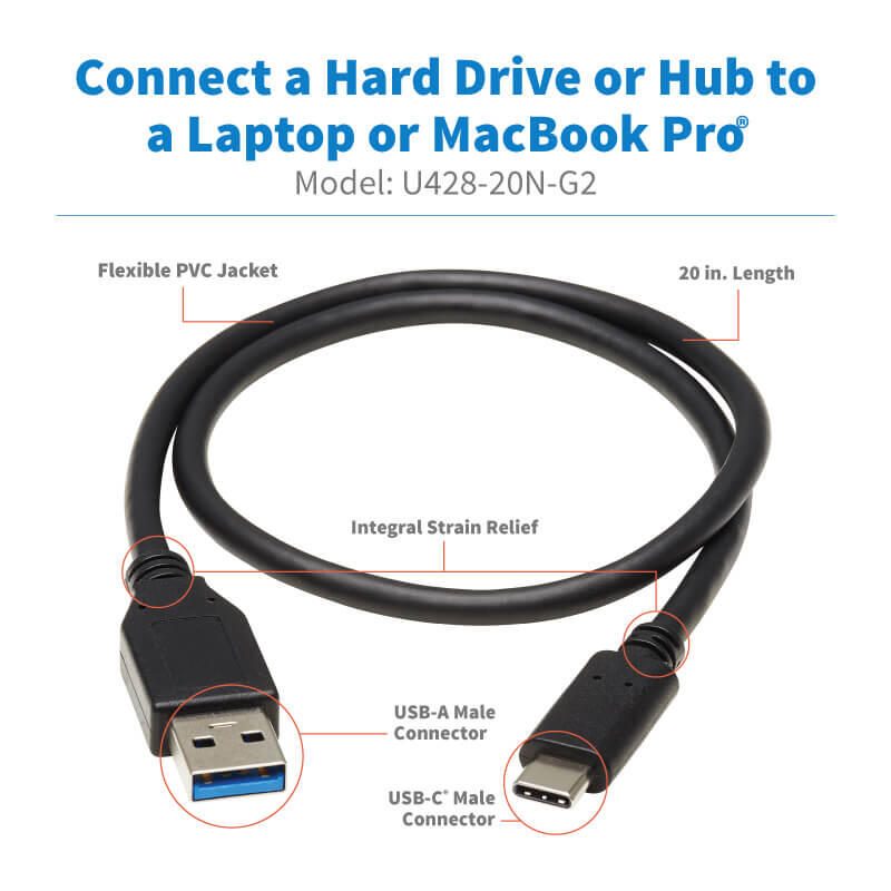 Eaton Tripp Lite Series USB-C zu USB-A Kabel (Stecker/Stecker), USB 3.1 Gen 2 (10 Gbps), Thunderbolt 3 Compatible, 20-in