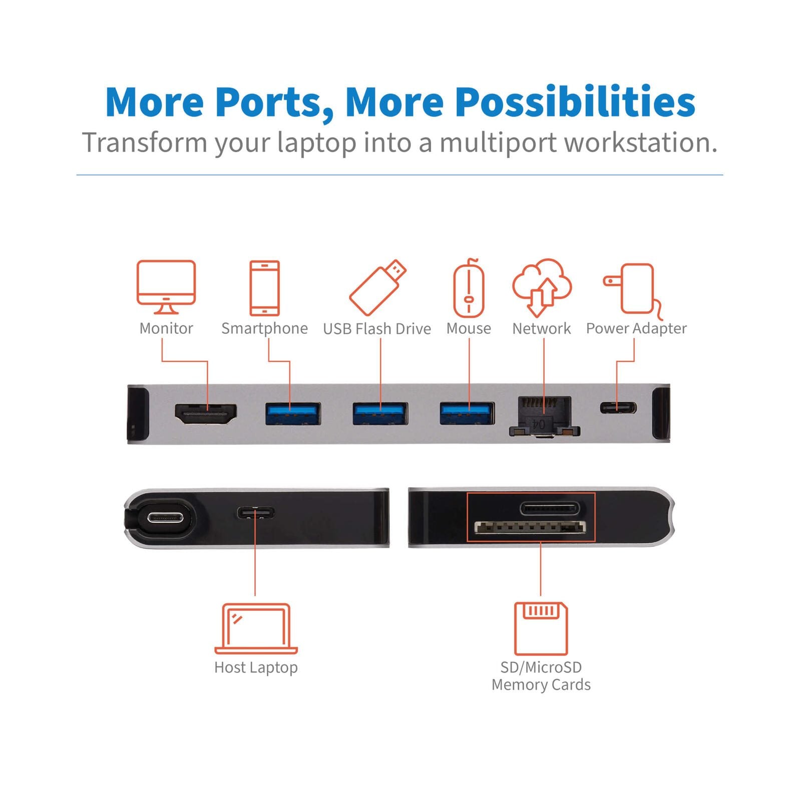 Eaton Tripp Lite Series USB-C Dock - 4K HDMI, USB 3.2 Gen 1, USB-A Hub, GbE, Memory Card, 100W PD Charging, Detachable C