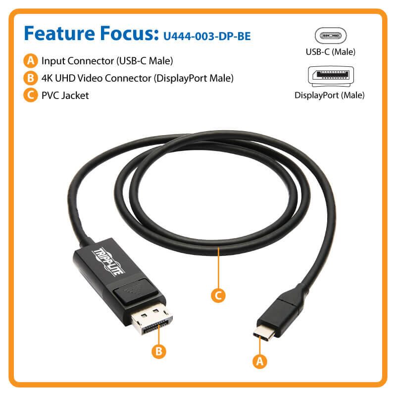Eaton Tripp Lite Series USB-C zu DisplayPort Adapterkabel (Stecker/Stecker), 4K 60 Hz, HDR, verriegelbarer DP-Anschluss,