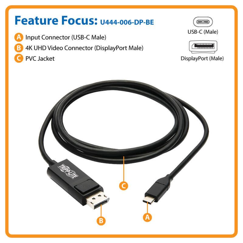 Eaton Tripp Lite Series USB-C zu DisplayPort Adapterkabel (Stecker/Stecker), 4K 60 Hz, HDR, verriegelbarer DP-Anschluss,