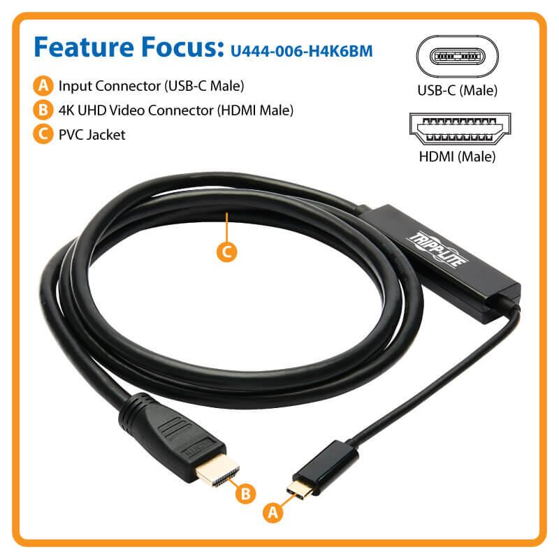 Eaton Tripp Lite Series USB-C zu HDMI Active Adapterkabel (Stecker/Stecker), 4K 60 Hz, 4:4:4, HDCP 2.2, Mid-Kabel Adapte