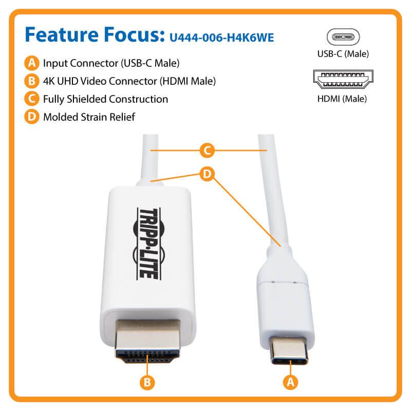 Eaton Tripp Lite Series USB-C zu HDMI Adapterkabel (Stecker/Stecker), 4K 60 Hz, 4:4:4, Thunderbolt 3 Compatible, White,