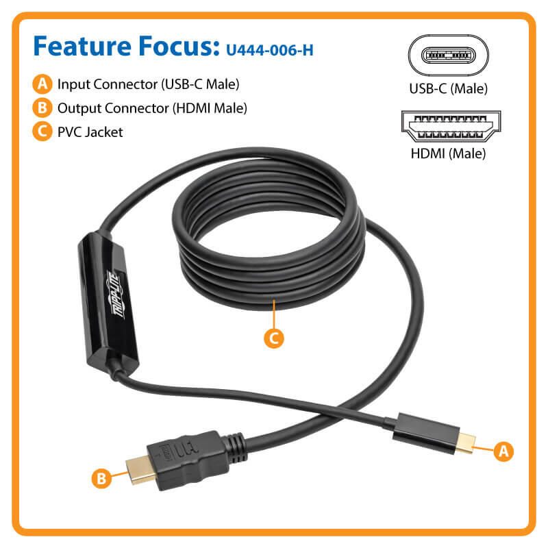 Eaton Tripp Lite Series USB-C zu HDMI Active Adapterkabel (Stecker/Stecker), 4K, Schwarz, 6 ft. (1.8 m)