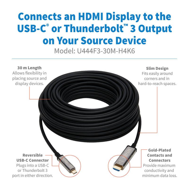 Eaton Tripp Lite Series High-Speed USB-C zu HDMI Active Optical Kabel (AOC) - UHD 4K 60 Hz, HDR, CL3 Rated, Schwarz, 30