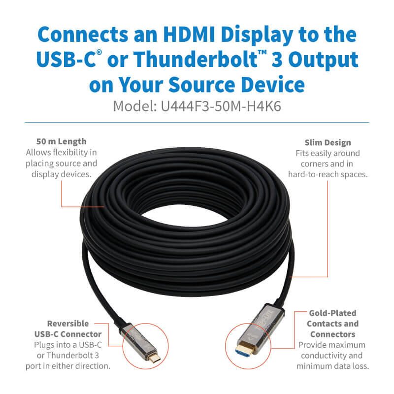 Eaton Tripp Lite Series High-Speed USB-C zu HDMI Fiber Active Optical Kabel (AOC) - UHD 4K 60 Hz, HDR, CL3 Rated, Schwar
