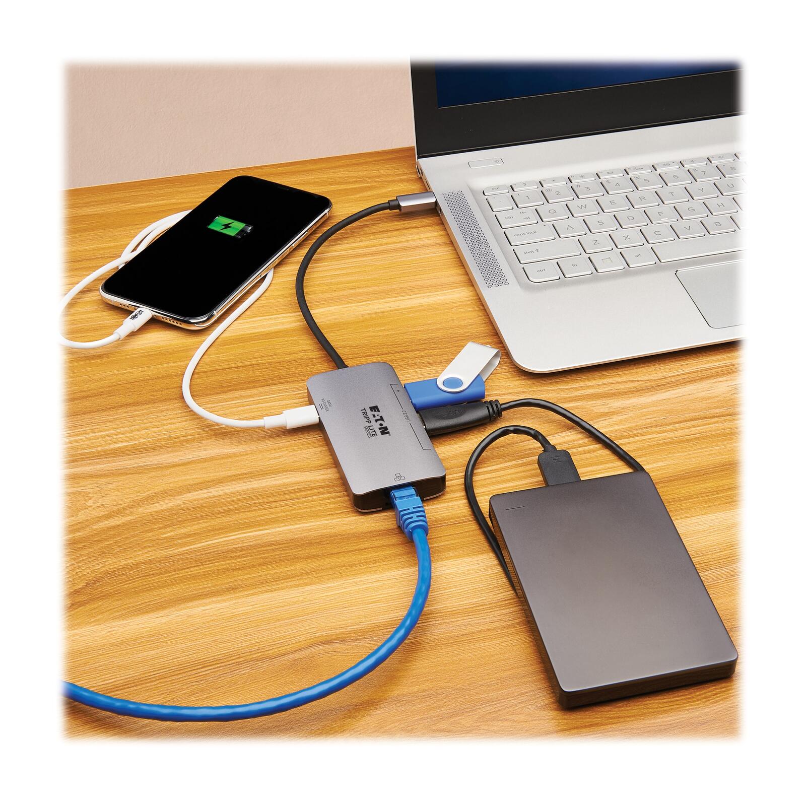 Eaton Tripp Lite Series 3-Port USB-C Hub - USB 3.2 Gen 1, 3 USB-A Ports, GbE, Thunderbolt 3, 100W PD Charging, Aluminum