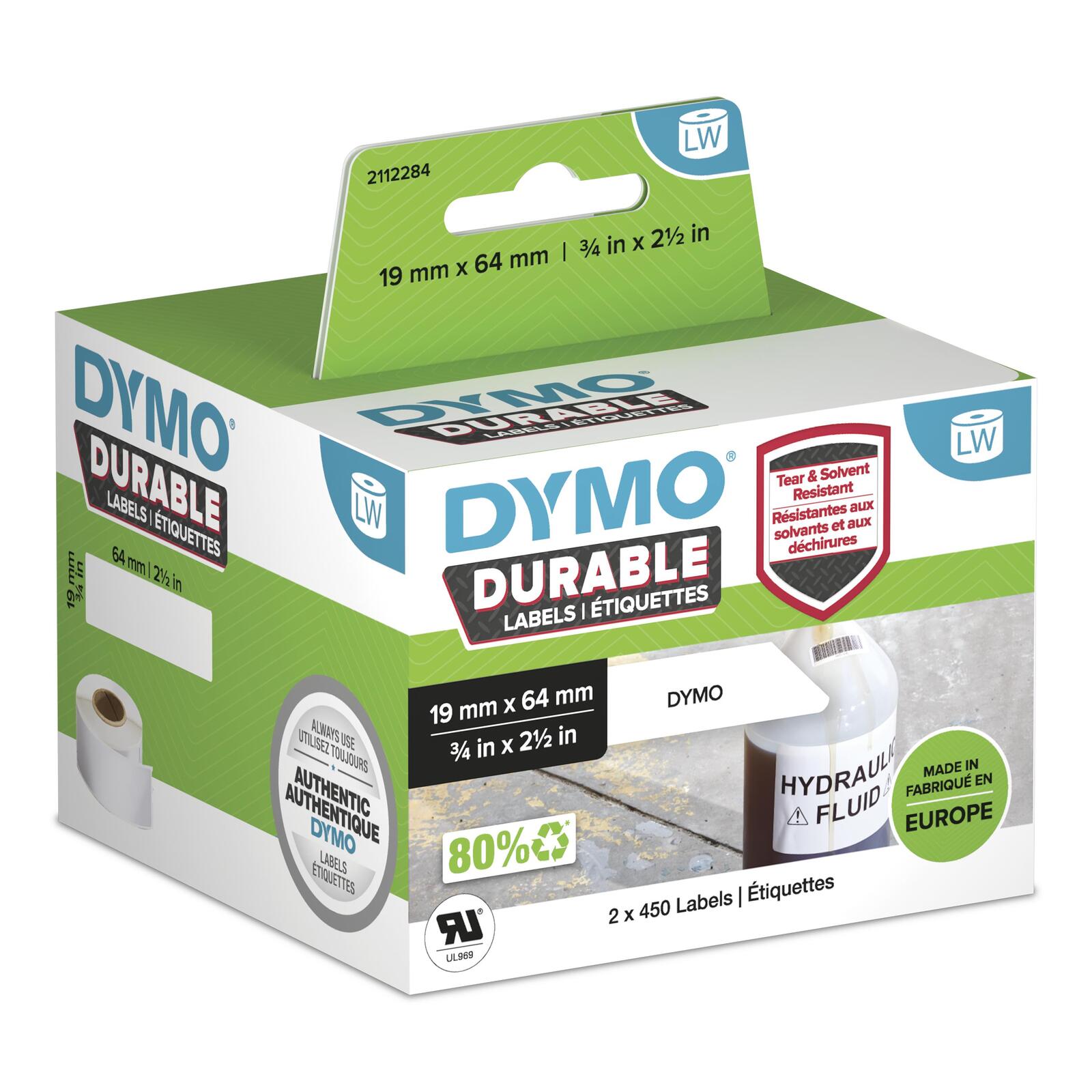 DYMO® Original Hochleistung Etikett für LabelWriter™, Kunststoff - weiss - permanent haftend, widerstandsfähig, 2 x 450