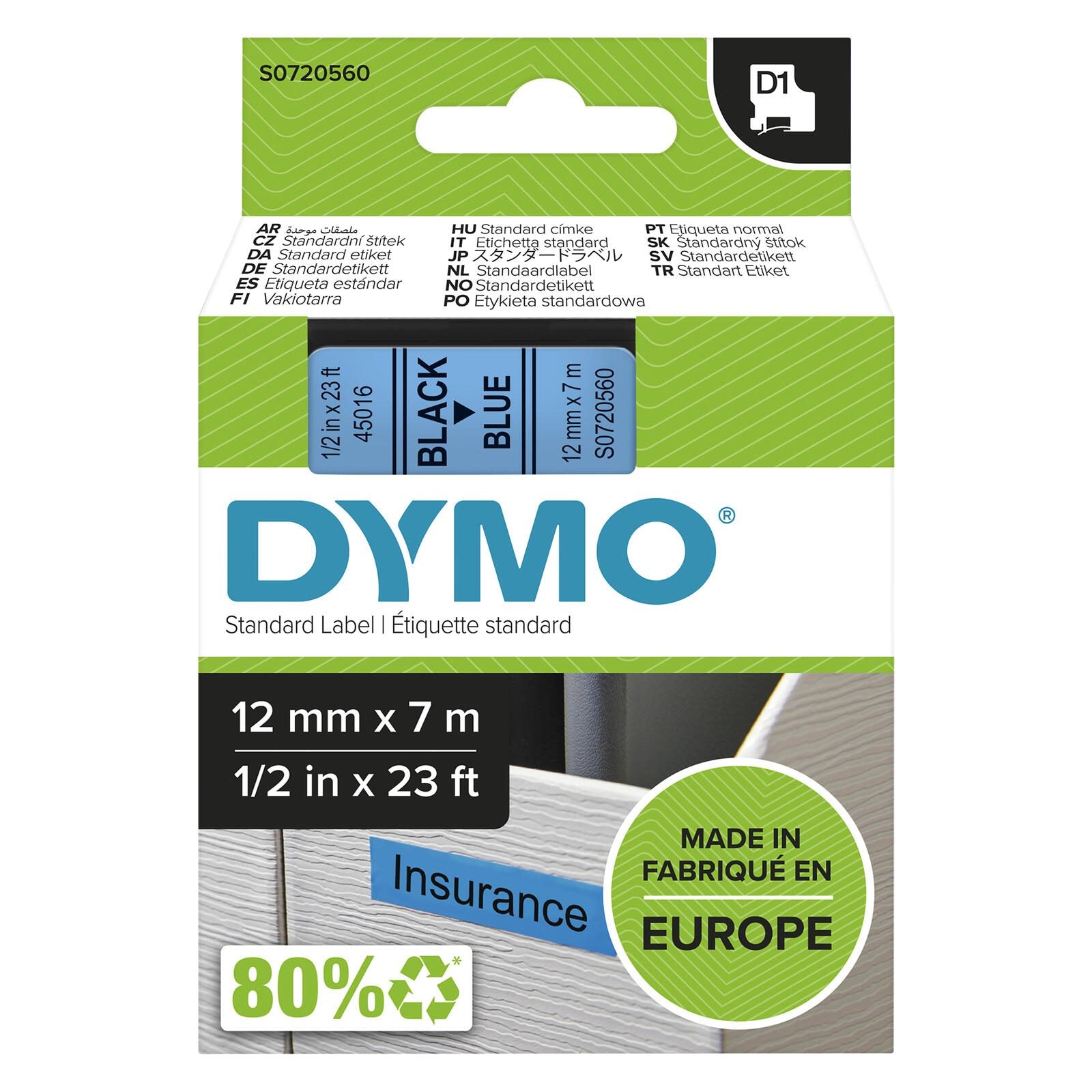 DYMO® Original D1-Schriftband für LabelManager™ 12mm x 7m - Polyester, wieder ablösbar - schwarz auf blau