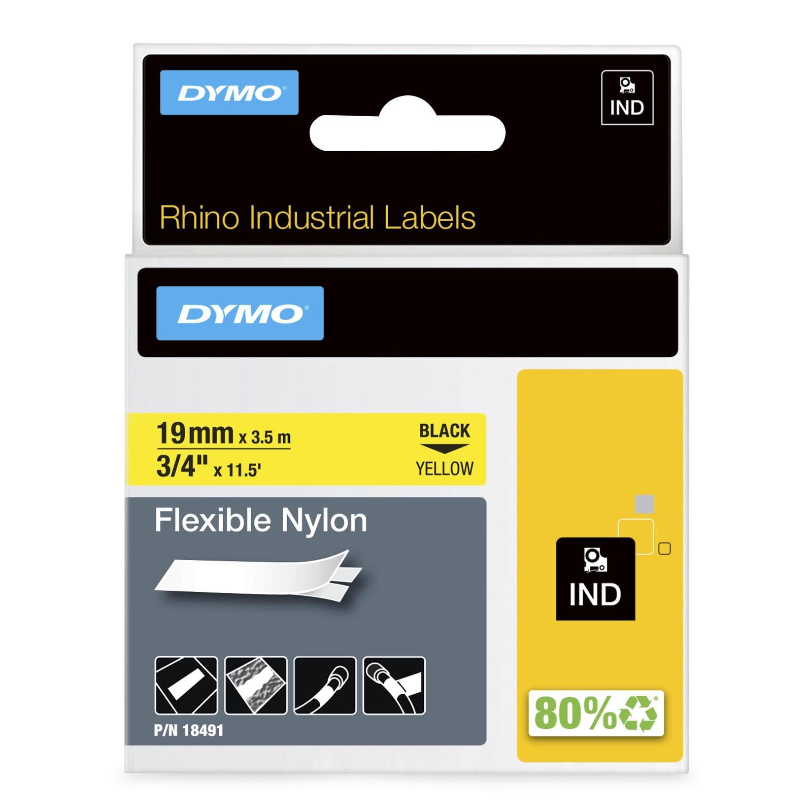 DYMO® Original IND-Schriftband für Rhino, flexibles & reissfestes Nylon - schwarz auf gelb