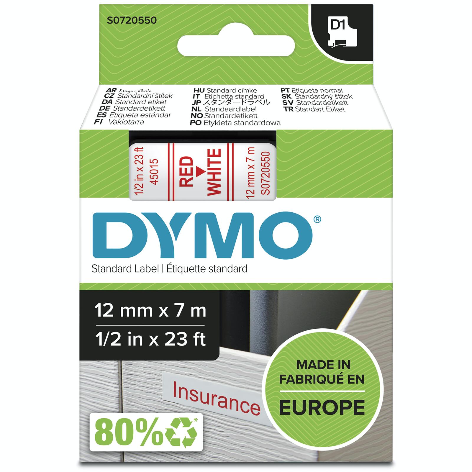 DYMO® Original D1-Schriftband für LabelManager™ 12mm x 7m - Polyester, wieder ablösbar - rot auf weiss