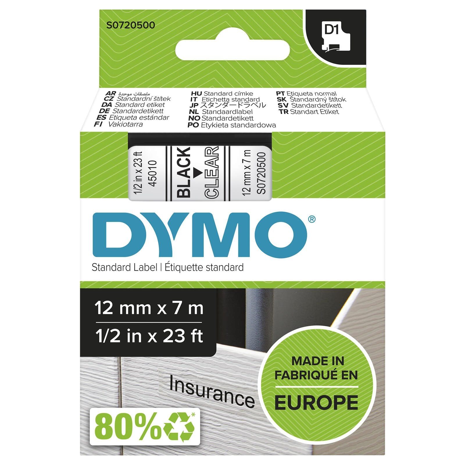 DYMO® Original D1-Schriftband für LabelManager™ 12mm x 7m - Polyester, wieder ablösbar - schwarz auf transparent