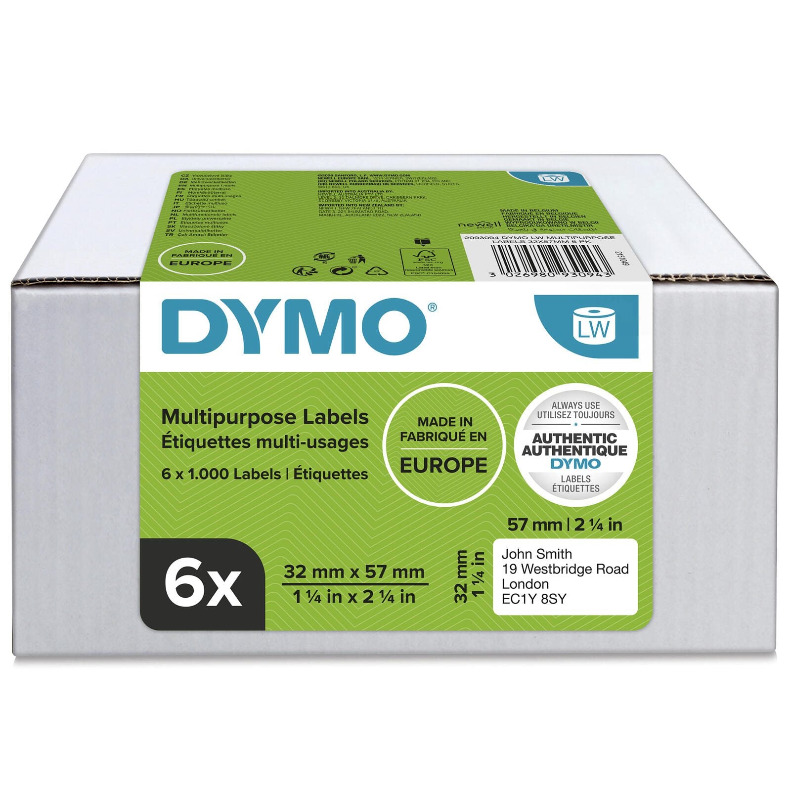 DYMO® Original Etikett für LabelWriter™, Vorteilspack, Vielzweck - weiss - wiederablösbar, 6 x 1.000 Etiketten