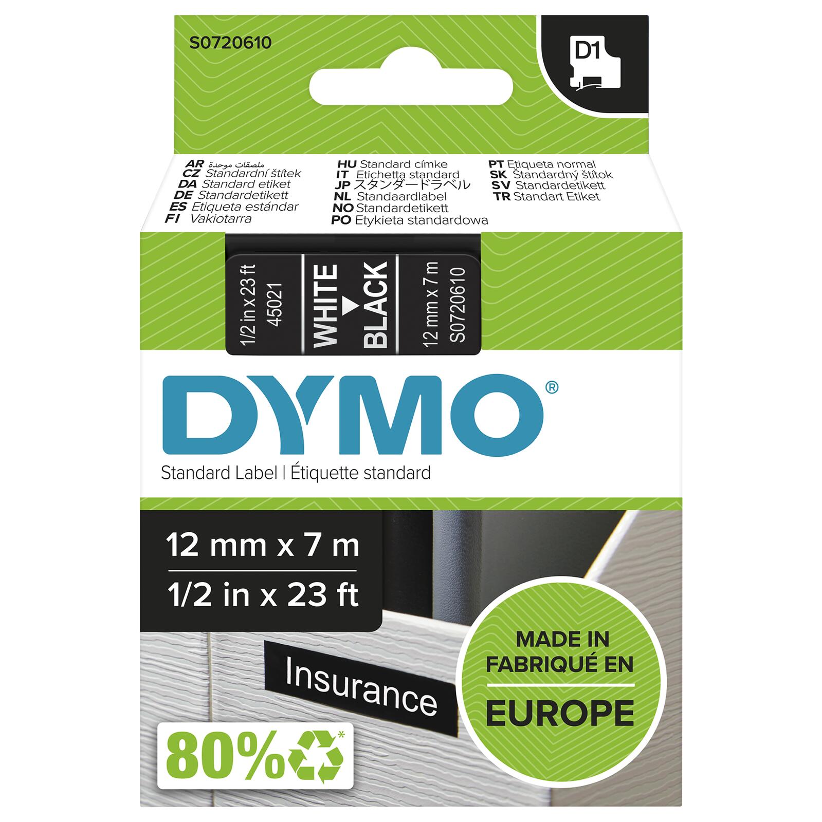 DYMO® Original D1-Schriftband für LabelManager™ 12mm x 7m - Polyester, wieder ablösbar - weiss auf schwarz