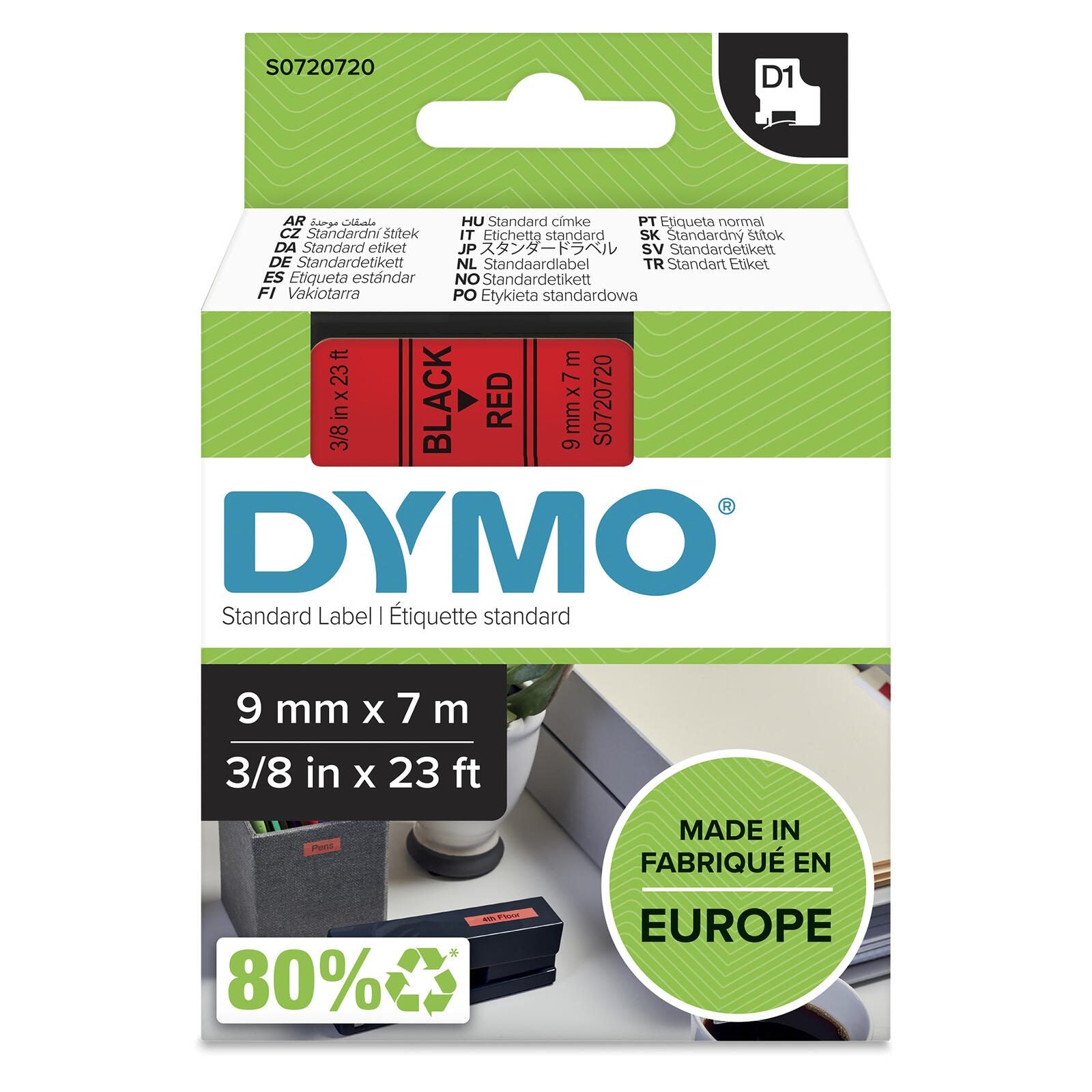 DYMO® Original D1-Schriftband für LabelManager™ 9mm x 7m - Polyester, wieder ablösbar - schwarz auf rot