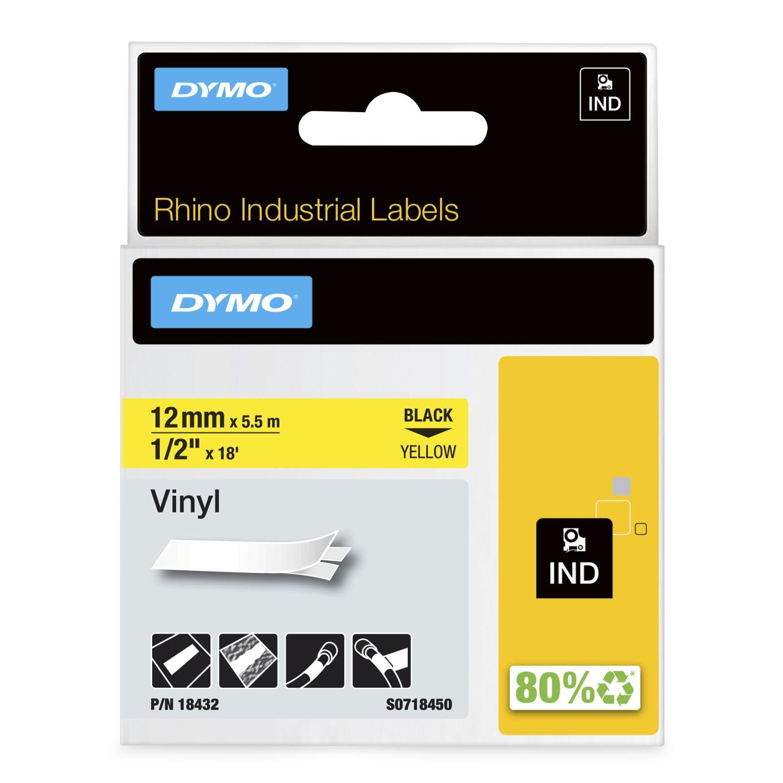 DYMO® Original IND-Schriftband für Rhino, farbiges Vinyl - schwarz auf gelb