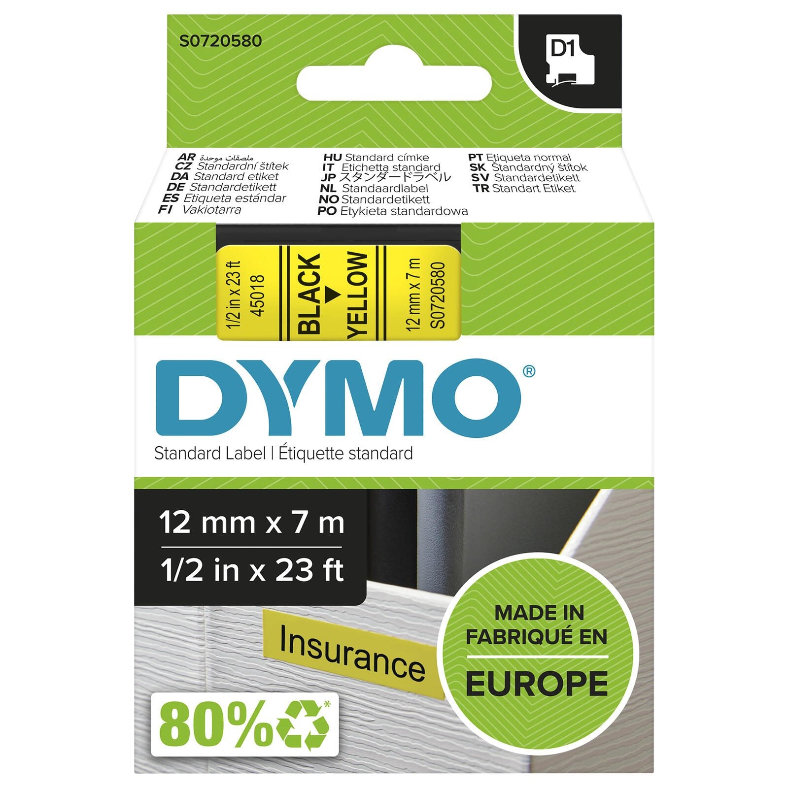 DYMO® Original D1-Schriftband für LabelManager™ 12mm x 7m - Polyester, wieder ablösbar - schwarz auf gelb
