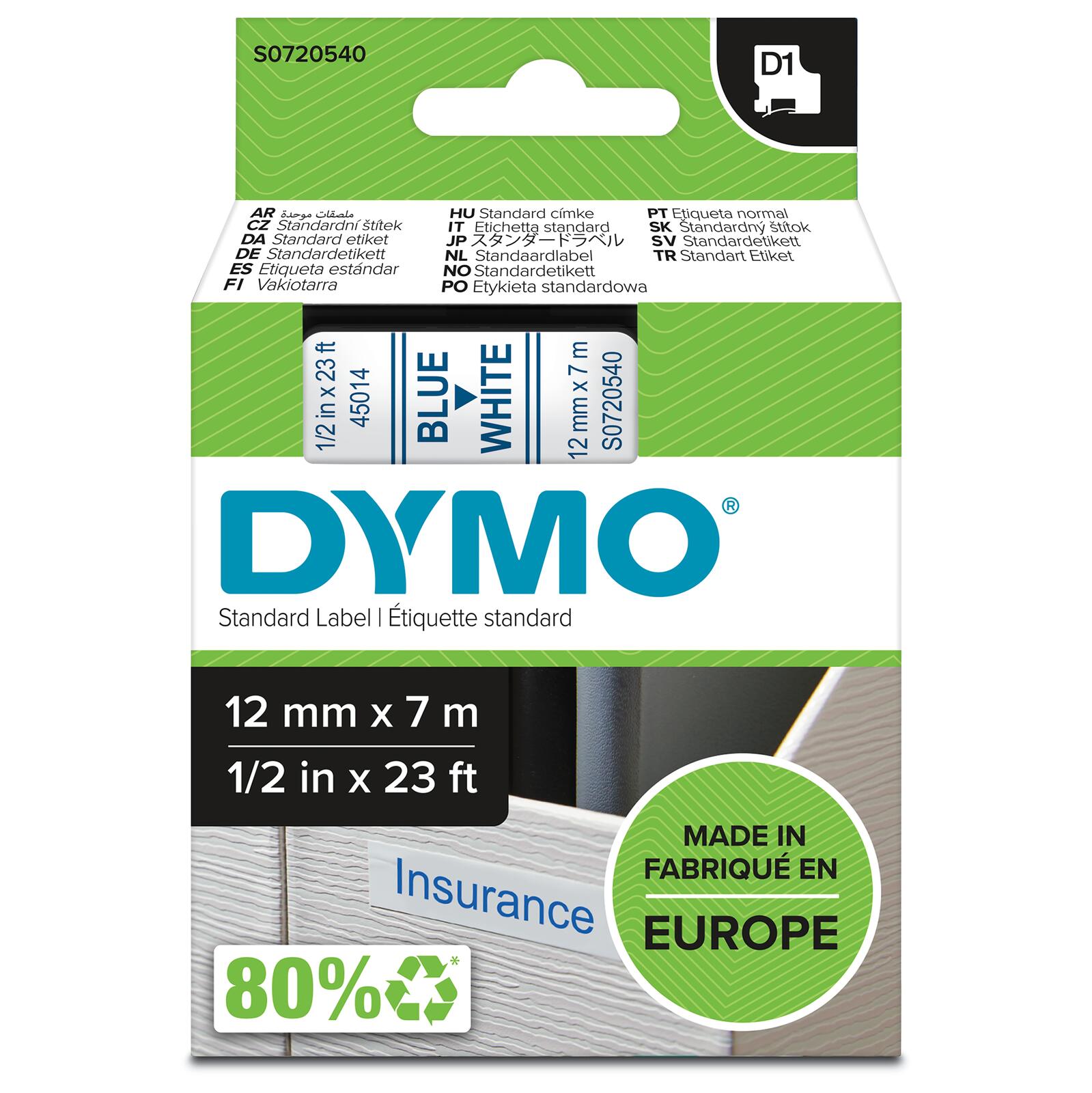 DYMO® Original D1-Schriftband für LabelManager™ 12mm x 7m - Polyester, wieder ablösbar - blau auf weiss
